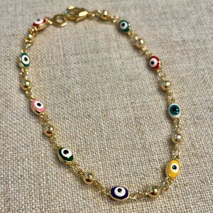Gold Beaded Oval Evil Eye Bracelet